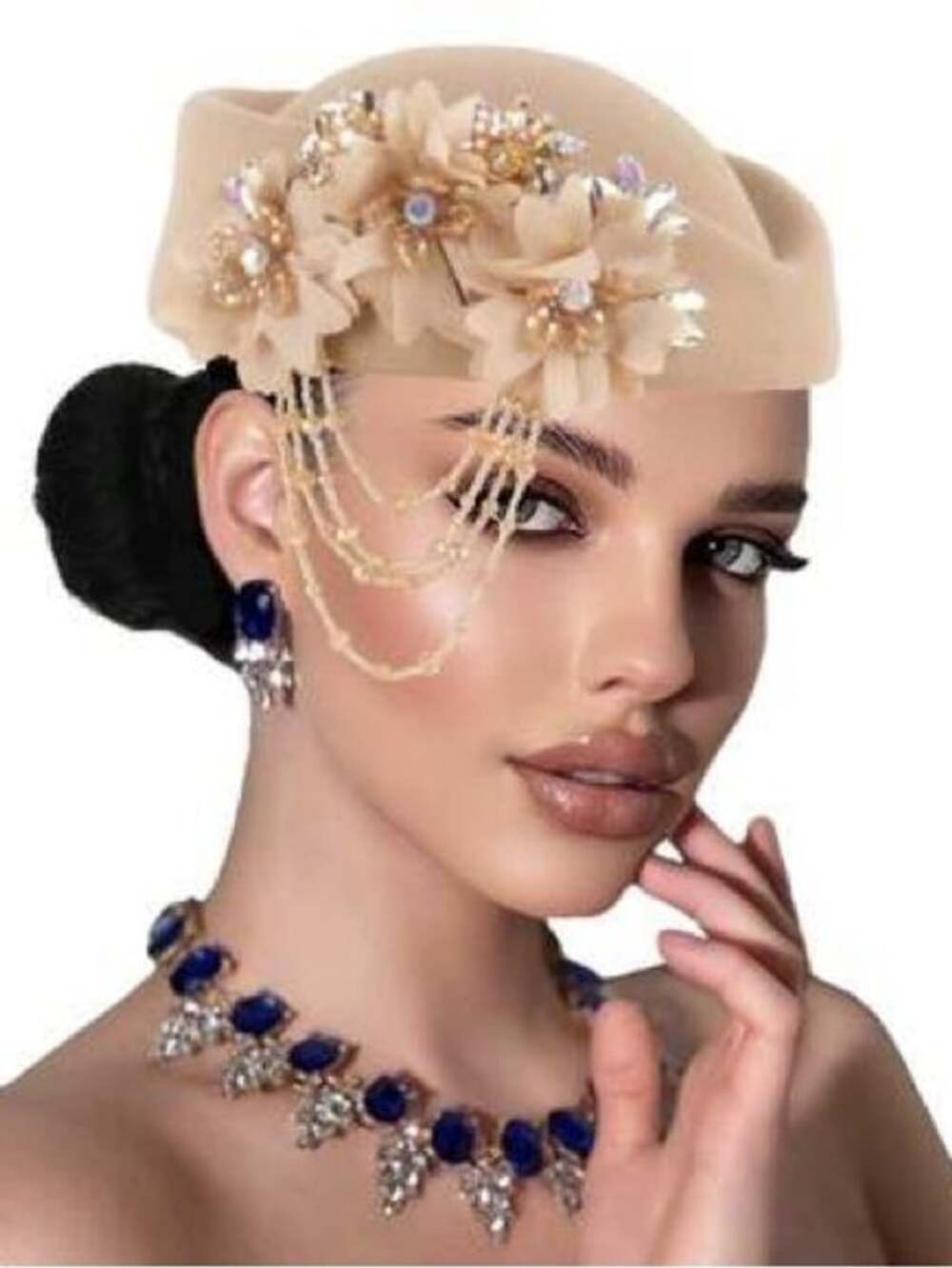 Beige Floral Chain-Embellished Pillbox Fascinator Hat